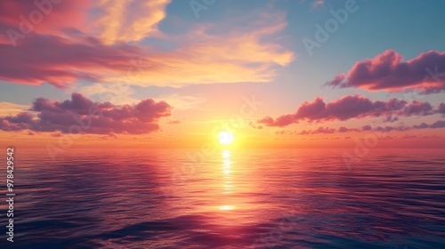 Beautiful illustration of a serene sunset over a calm ocean, hyper real, high quality, sharp images, graphic, illustration