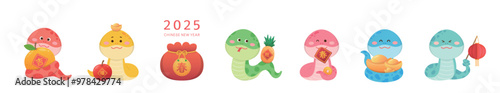 6 cute snake mascots or cartoon characters, playful and cute, vector elements for Chinese New Year, translation: spring