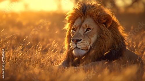 Hyper-realistic portrait of a majestic lion in the savannah, sharp details, high-quality illustration, beautiful composition photo