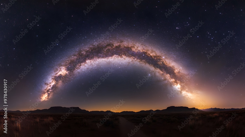 A stunning illustration of the Milky Way galaxy stretching across a clear night sky, hyper real, high quality, sharp images