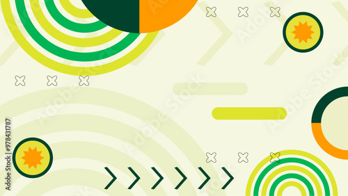 Abstract geometric background with colorful shapes and patterns in green and yellow tones. Vibrant abstract background featuring geometric shapes and circular patterns in green and yellow