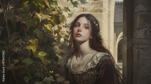 Maiden in a tower, soft ethereal foliage growing around her, wearing Victorian-era attire, serene and calm expression, intricate stone walls, softly diffused light