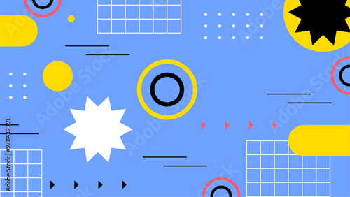 Colorful abstract geometric background with vibrant shapes and patterns on a blue canvas. This abstract geometric background features a variety of vibrant shapes and patterns on a bright blue canvas