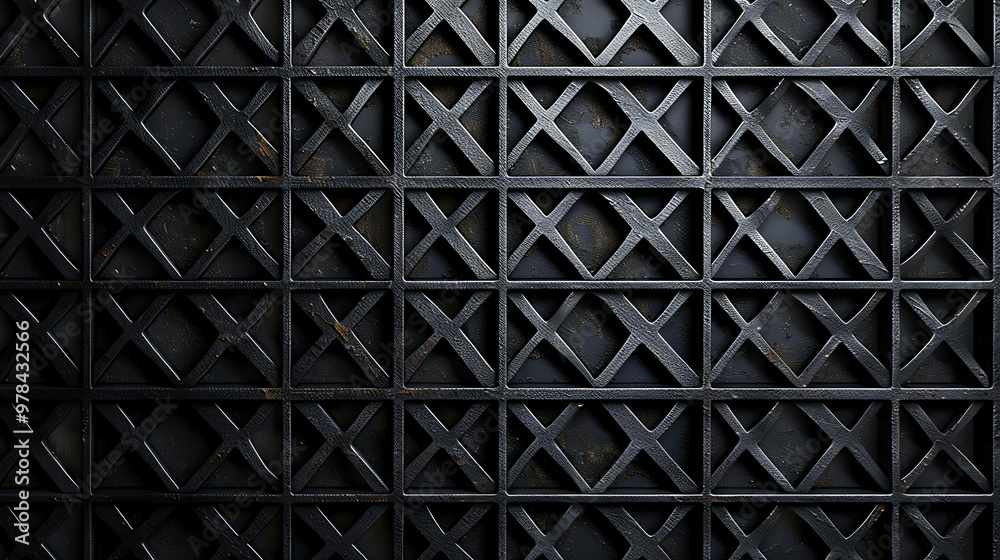 A black metal grid with a crisscross pattern. A black metal grid with a crisscross pattern.