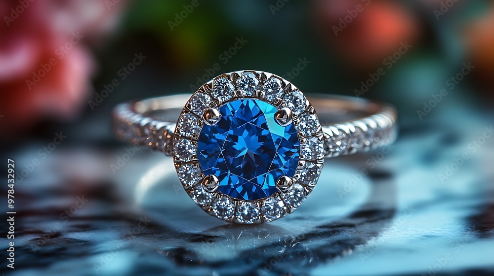 A close-up of a sparkling blue gemstone engagement ring on a marble surface. A close-up of a sparkling blue gemstone engagement ring on a marble surface.
