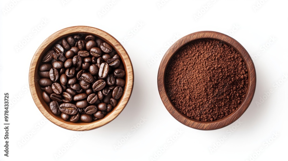 Fototapeta premium 10. Detailed flat lay of a wooden bowl overflowing with roasted coffee beans and another with finely ground coffee powder, isolated on a white background