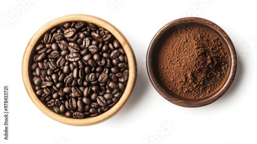 10. Detailed flat lay of a wooden bowl overflowing with roasted coffee beans and another with finely ground coffee powder, isolated on a white background