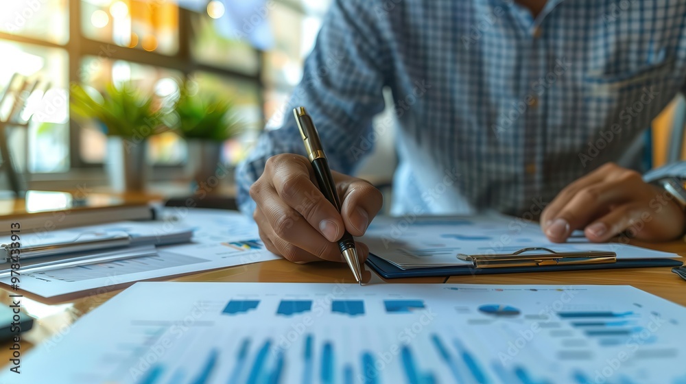 Close-up of a business professional analyzing financial data and charts at a desk in a bright office environment. Close-up of a business professional analyzing financial data and charts at a desk in a bright office environment.