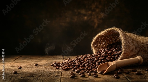 13. Inviting scene with coffee beans, a burlap sack, and a wooden scoop arranged on a wooden table, surrounded by a warm light ambiance and a dark backdrop with space for text