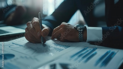 Closeup shot of a business analyst, meticulously evaluating finance charts, thorough approach, professional setting, sharp clarity, photorealistic, ultrahigh definition photo