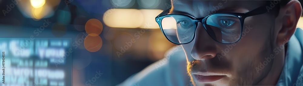 Man with glasses intensely focused on computer screen in dark room, reflecting information and data analysis work environment. Man with glasses intensely focused on computer screen in dark room, reflecting information and data analysis work environment.