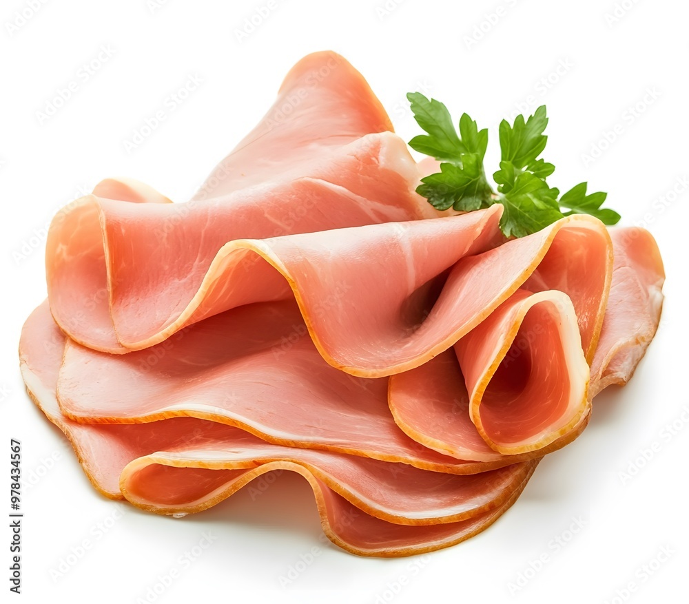 Close-up of thinly sliced ham with parsley garnish on a white background. Close-up of thinly sliced ham with parsley garnish on a white background.