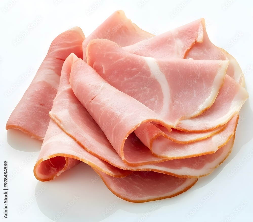 Close-up of thinly sliced, stacked deli ham on a white background. Close-up of thinly sliced, stacked deli ham on a white background.