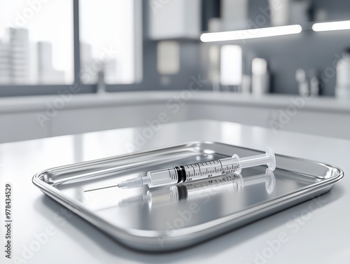 Sterile syringe on a metal tray in a modern, clean medical laboratory setting with blurred background, ready for vaccination or injection. photo