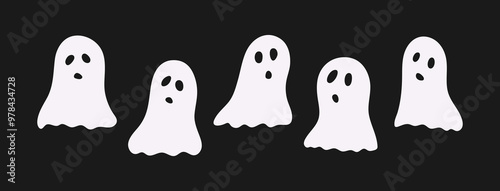 Minimalist Halloween white ghost set on black background. Cute, flat hand drawn vector illustration for banner, greeting card, poster, invitation, cover