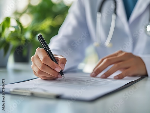 Close-up of a doctor filling out a medical document or prescription, emphasizing professional healthcare and patient care. photo