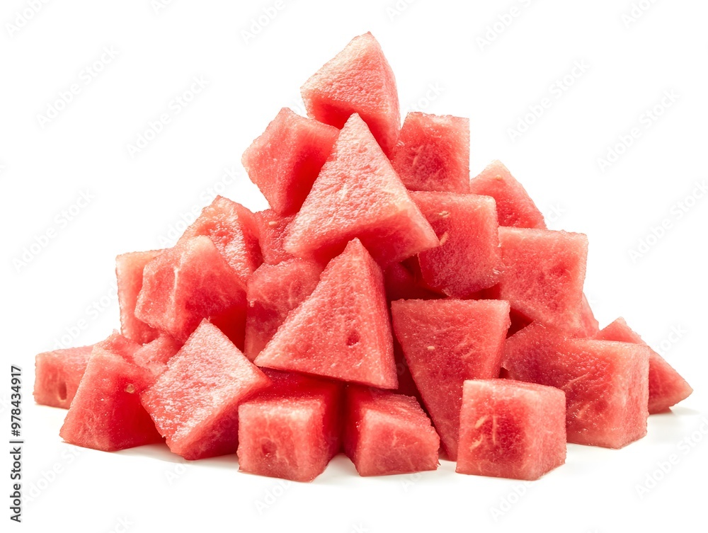 A pyramid of freshly cut watermelon cubes on a white background. A pyramid of freshly cut watermelon cubes on a white background.