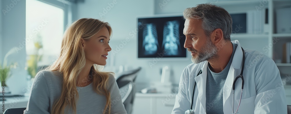 Doctor consulting with a patient in a modern medical office, discussing x-ray results visible on a screen in the background. Doctor consulting with a patient in a modern medical office, discussing x-ray results visible on a screen in the background.