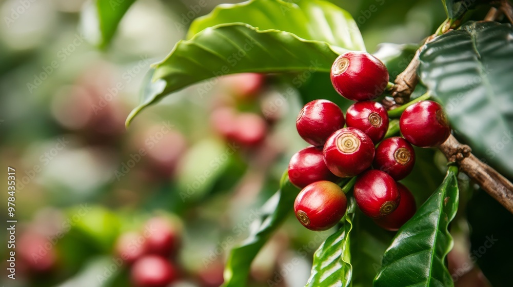 39. Macro shot of fresh red coffee cherries with glossy skins, attached to branches with green leaves, highlighting the natural beauty and vibrancy of the coffee plant 39. Macro shot of fresh red coffee cherries with glossy skins, attached to branches with green leaves, highlighting the natural beauty and vibrancy of the coffee plant