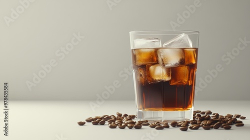 45. Iced americano coffee in a glass, with ice cubes glistening and coffee beans scattered around, set against a minimalist grey background