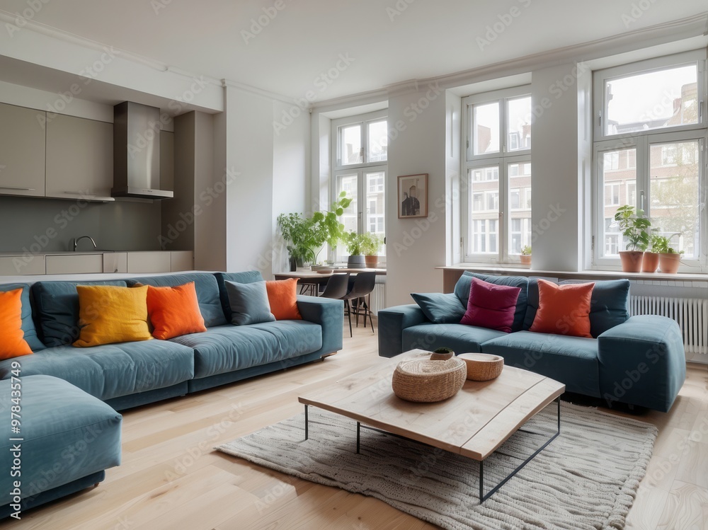 Modern Living Room with Teal Couches, Large Windows, and Wooden Coffee Table Modern Living Room with Teal Couches, Large Windows, and Wooden Coffee Table