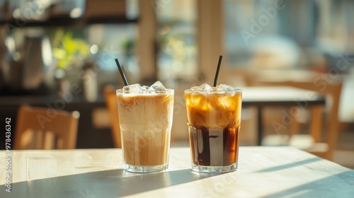 59. Iced americano and iced coffee milk glasses on a bright white wooden table, emphasizing the cold and refreshing nature of the beverages in a stylish coffee shop