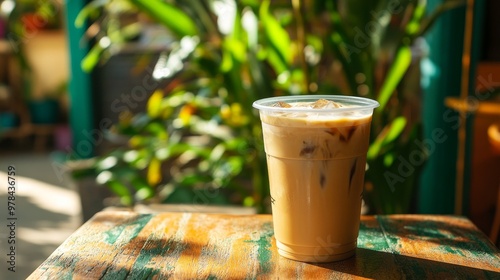 67. Close-up of a plastic cup filled with iced coffee latte, sitting on a rustic table in an outdoor cafe, with a backdrop of vibrant plants and dappled sunlight photo