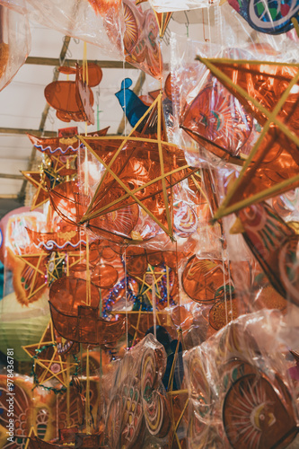 Lanterns hanging on a stand in the streets of Cholon in Ho Chi Minh City Vietnam during Mid Autumn Festival of Lunar Calendar
