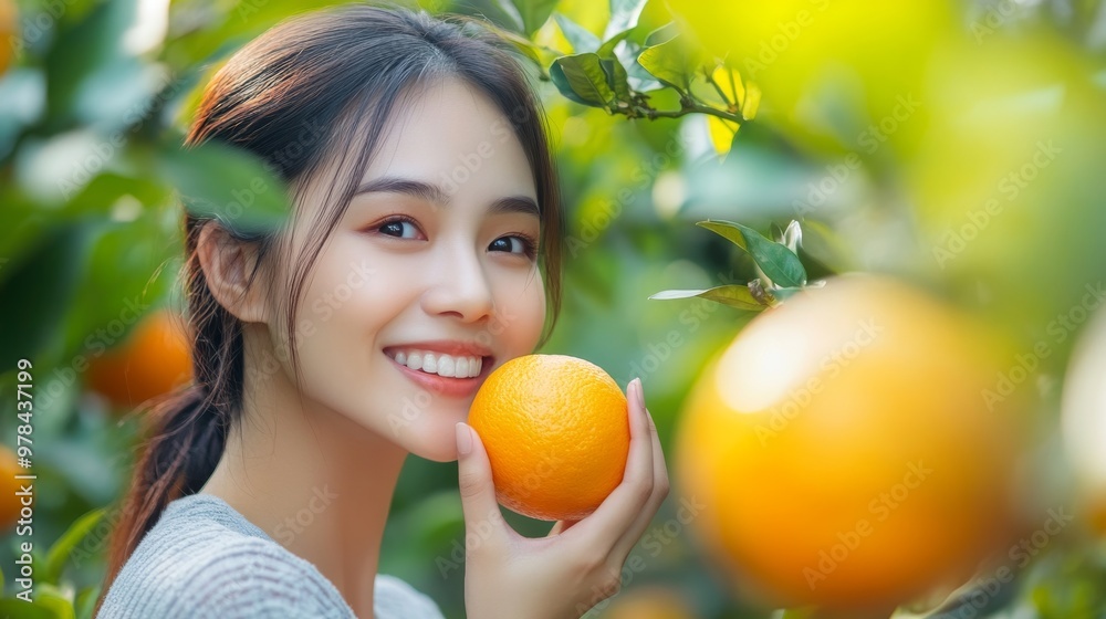 83. Happy Asian woman holding an orange, surrounded by the rich greenery and abundant fruit of an orchard, capturing a moment of relaxation and joy 83. Happy Asian woman holding an orange, surrounded by the rich greenery and abundant fruit of an orchard, capturing a moment of relaxation and joy