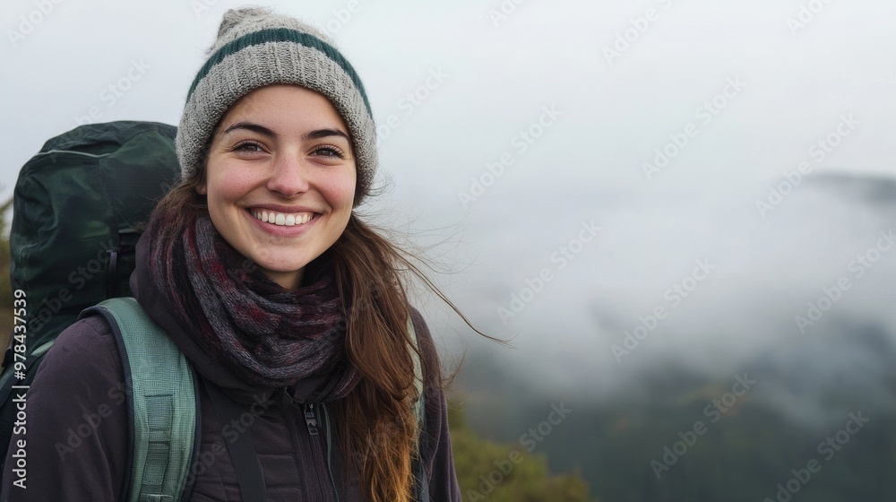 88. Happy woman smiling broadly, framed by a foggy mountain landscape, capturing the serene and majestic environment in high quality 88. Happy woman smiling broadly, framed by a foggy mountain landscape, capturing the serene and majestic environment in high quality