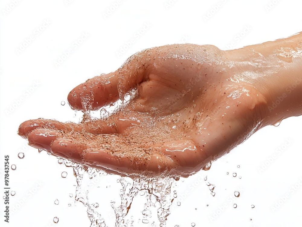 A hand gently releasing water droplets, symbolizing purity, freshness, and nature's beauty in a clean, white background. A hand gently releasing water droplets, symbolizing purity, freshness, and nature's beauty in a clean, white background.
