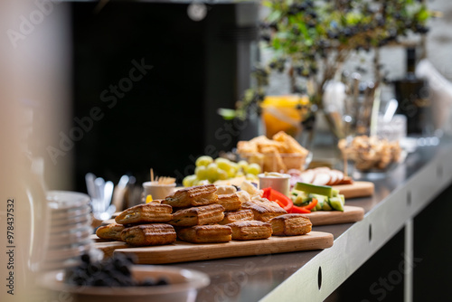 Coffee, Tea, bakery and desserts for business man and business woman in seminar. Tasty pastry at business event catering buffet. Coffee break, catering a business meeting. 