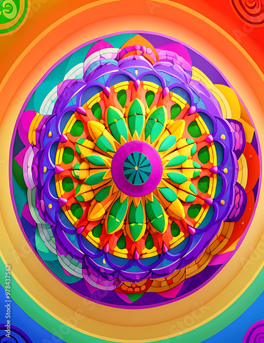 An intricate mandala pattern in vibrant, bold colors with layers of geometric shapes radiating from the center, creating a harmonious and eye-catching design for mobile backgrounds