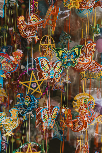 Lanterns hanging on a stand in the streets of Cholon in Ho Chi Minh City Vietnam during Mid Autumn Festival of Lunar Calendar
