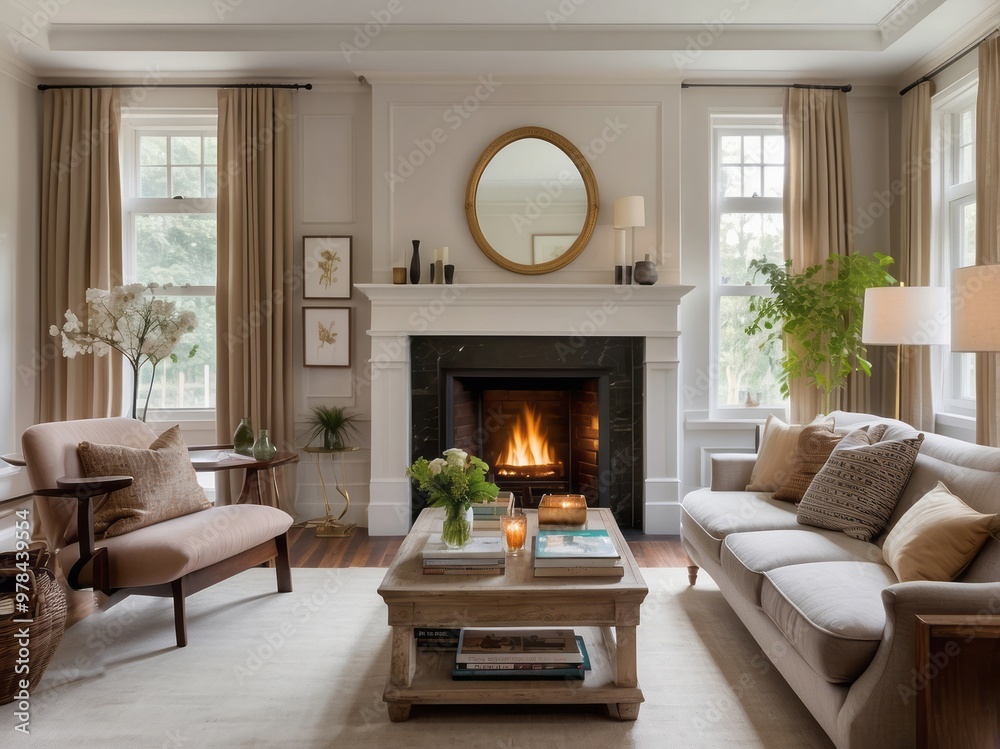 Cozy Living Room with Fireplace, Sofa, and Coffee Table Cozy Living Room with Fireplace, Sofa, and Coffee Table