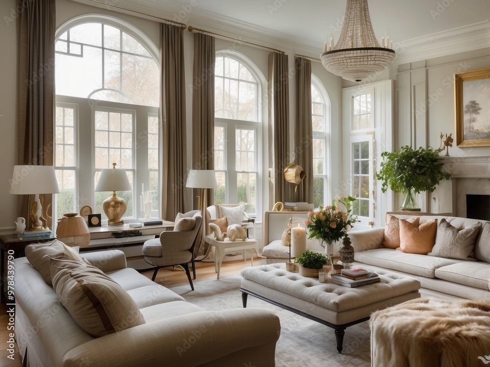 Luxurious Living Room with Large Windows and Elegant Furnishings Luxurious Living Room with Large Windows and Elegant Furnishings