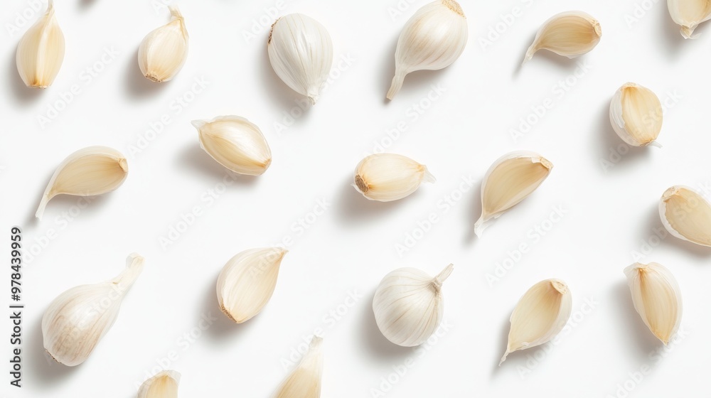 147. Flat lay of garlic cloves arranged on a white background, with varying angles and positions highlighting the natural form and structure of the cloves 147. Flat lay of garlic cloves arranged on a white background, with varying angles and positions highlighting the natural form and structure of the cloves