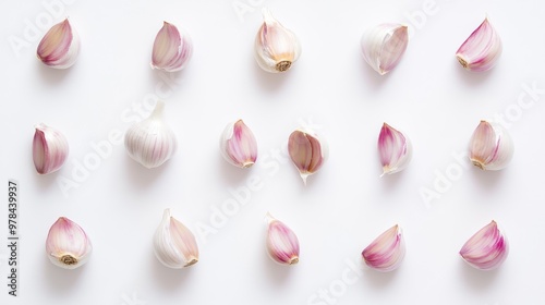 147. Flat lay of garlic cloves arranged on a white background, with varying angles and positions highlighting the natural form and structure of the cloves