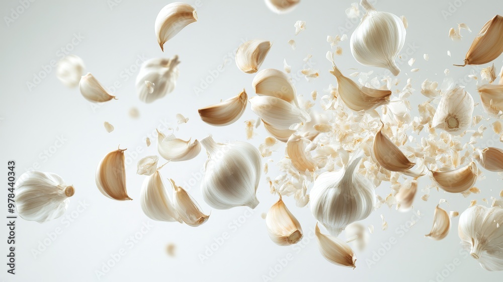 156. Garlic cloves suspended in mid-air against a white background, capturing the dynamic motion and natural form of the cloves in a striking visual 156. Garlic cloves suspended in mid-air against a white background, capturing the dynamic motion and natural form of the cloves in a striking visual