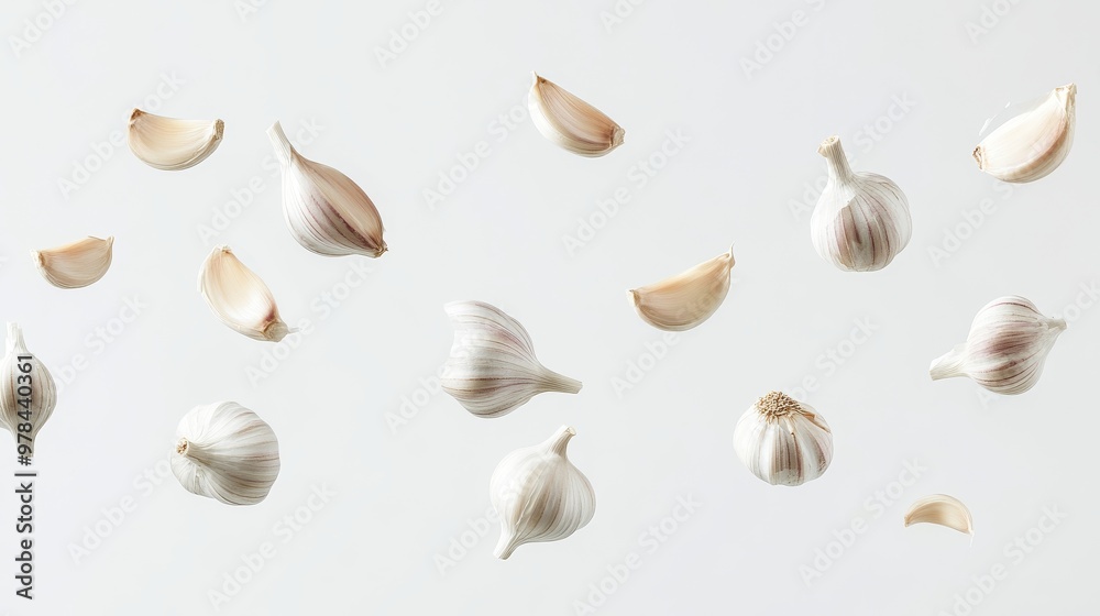 157. Floating garlic cloves isolated on a white background, with varying angles and positions creating a sense of movement and texture 157. Floating garlic cloves isolated on a white background, with varying angles and positions creating a sense of movement and texture