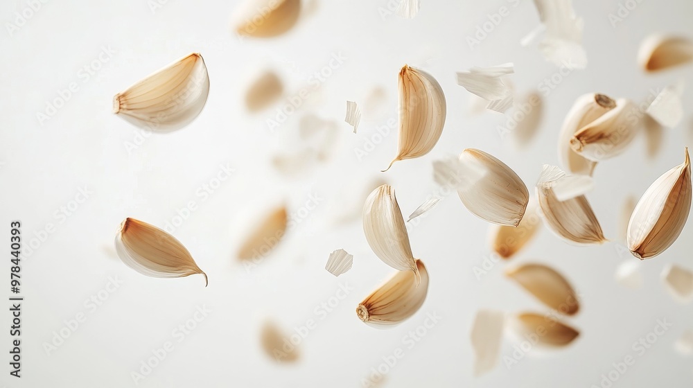 158. Detailed shot of garlic cloves flying through the air, isolated on a white background, highlighting the natural texture and dynamic composition 158. Detailed shot of garlic cloves flying through the air, isolated on a white background, highlighting the natural texture and dynamic composition