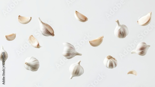 157. Floating garlic cloves isolated on a white background, with varying angles and positions creating a sense of movement and texture