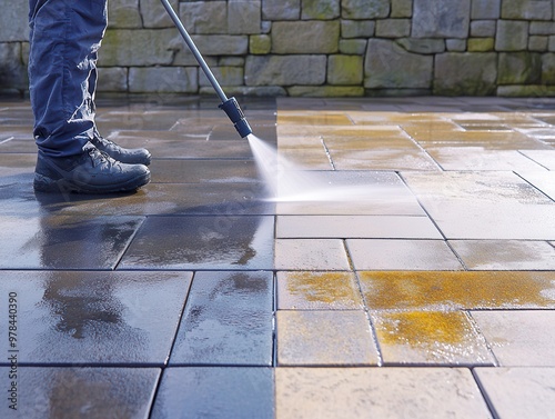 A person cleaning a stone patio with a pressure washer, removing dirt and stains for a pristine outdoor appearance.