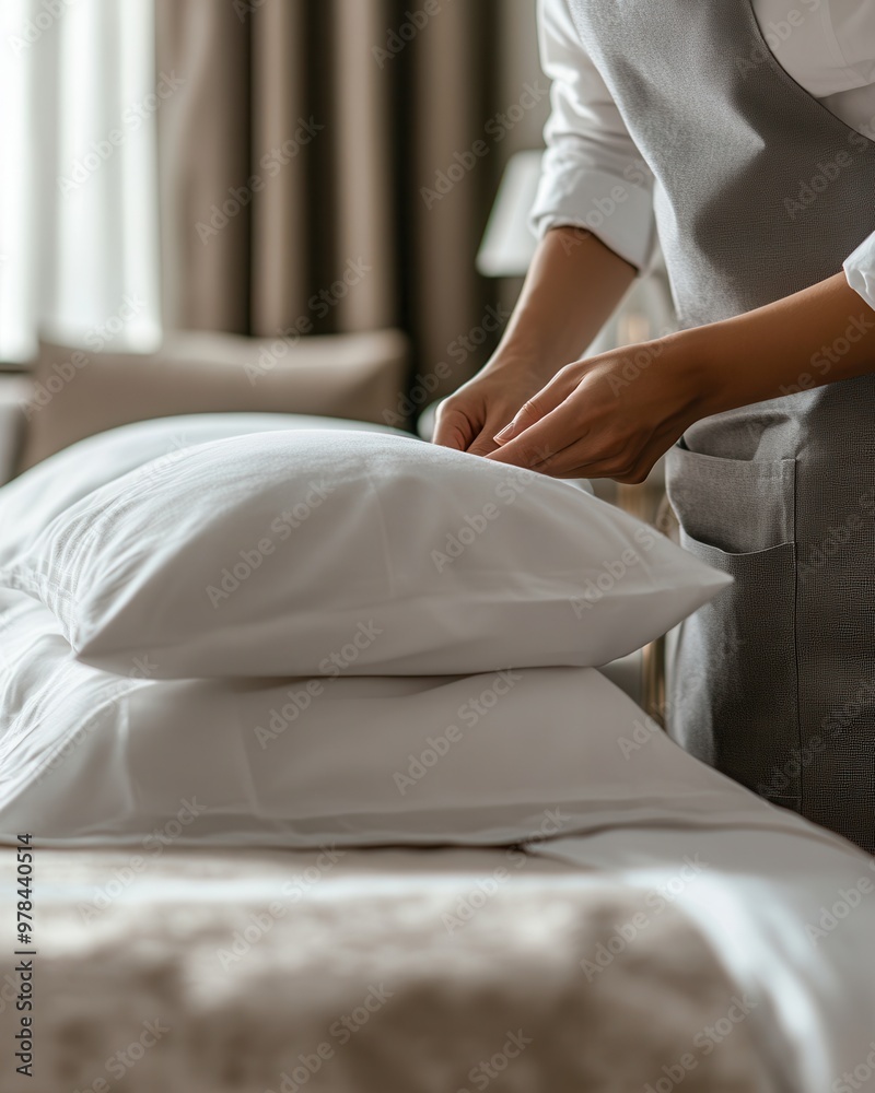 A person arranging white pillows on a neatly made bed in a cozy hotel room, showcasing hygiene and professionalism in hospitality. A person arranging white pillows on a neatly made bed in a cozy hotel room, showcasing hygiene and professionalism in hospitality.