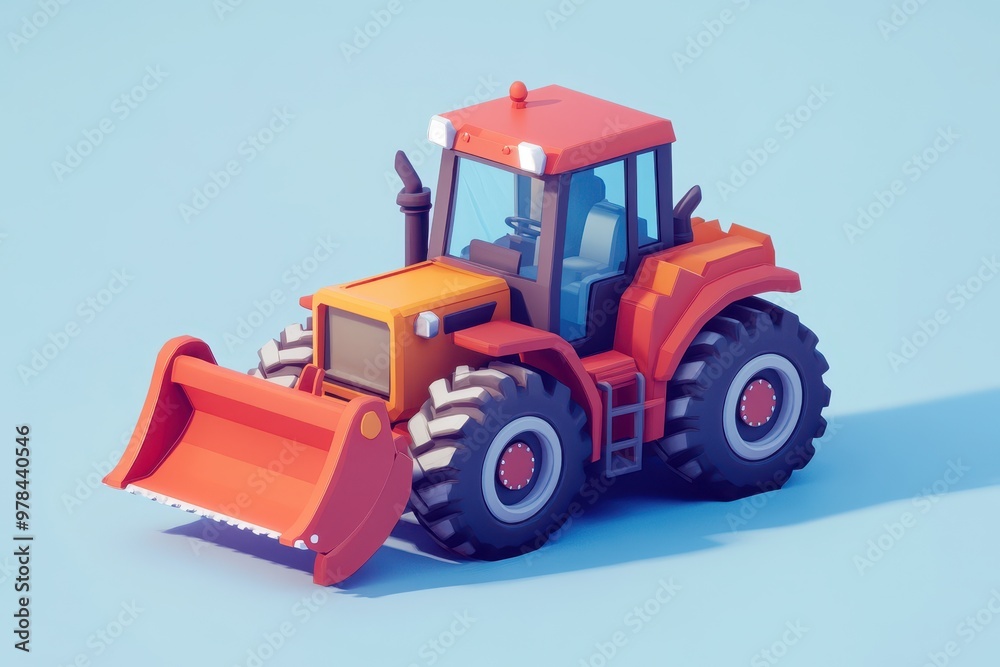 Fototapeta premium A colorful, cartoon-style tractor with a front loader, designed for fun and playful aesthetics.