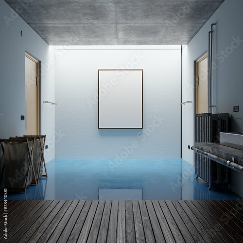 modern bathroom showroom interior background with poster mockup. 3d rendering
