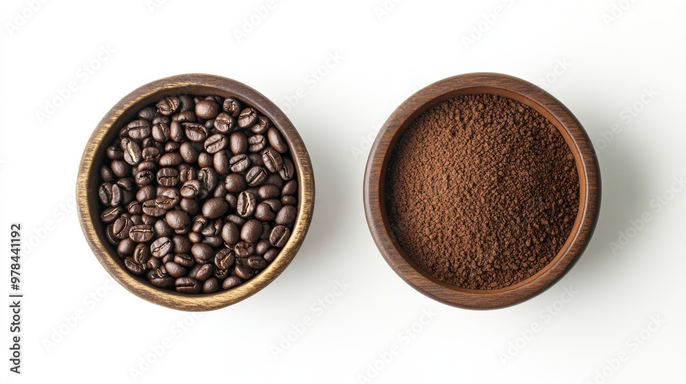 Fototapeta premium 6. Top view of roasted coffee beans and finely ground coffee powder in rustic wooden bowls, elegantly arranged on a pristine white background