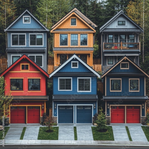 Colorful Row of Houses with Garages and Green Lawns