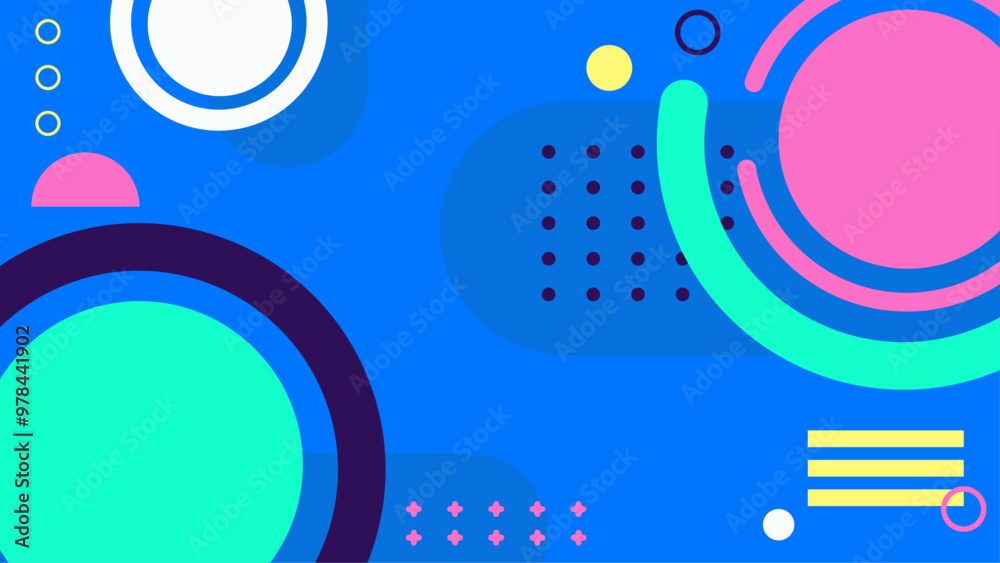Colorful abstract geometric background with vibrant circles and lines on a blue backdrop for modern design projects. This image showcases a colorful abstract geometric pattern Colorful abstract geometric background with vibrant circles and lines on a blue backdrop for modern design projects. This image showcases a colorful abstract geometric pattern