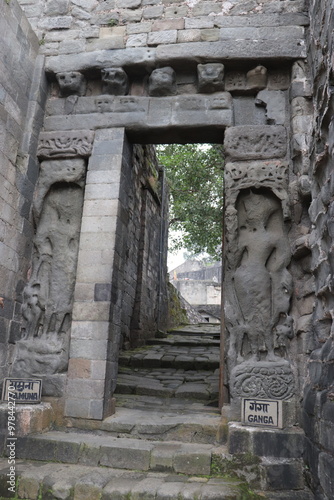 an old statue of Yamuna and Ganga River on an entrance of Kangra fort, Himachal Pradesh 